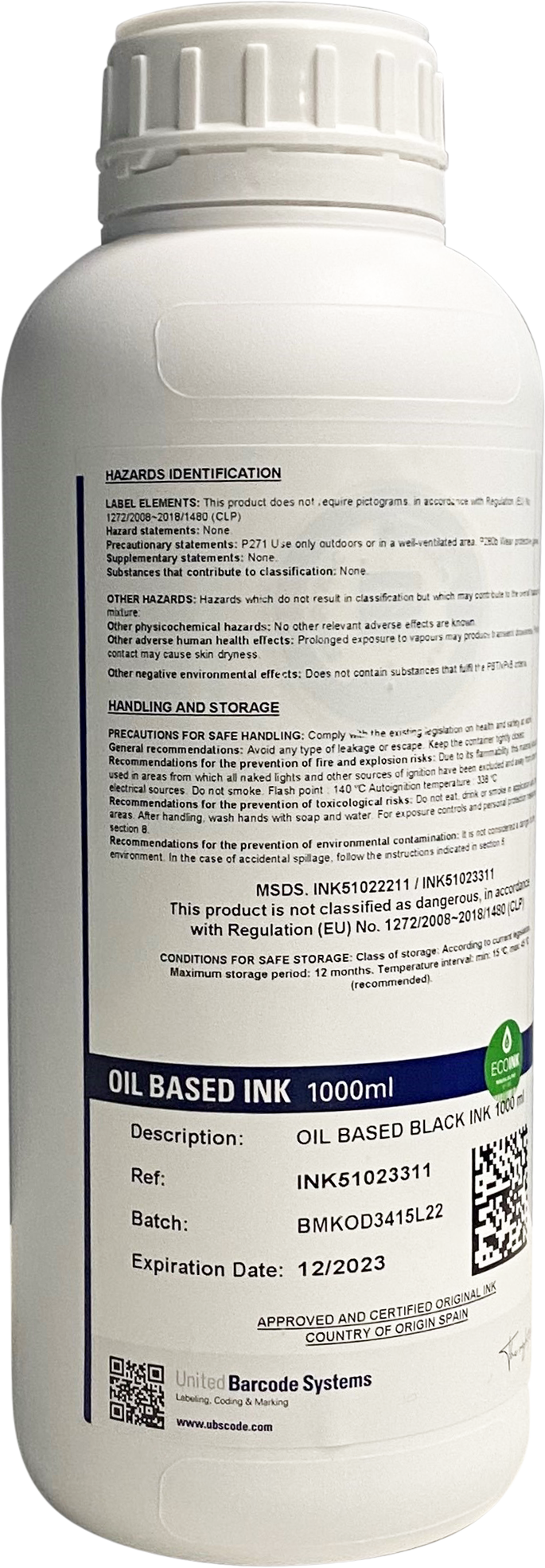 UBS Botella de Tinta de Impresora Inkjet Base Aceite